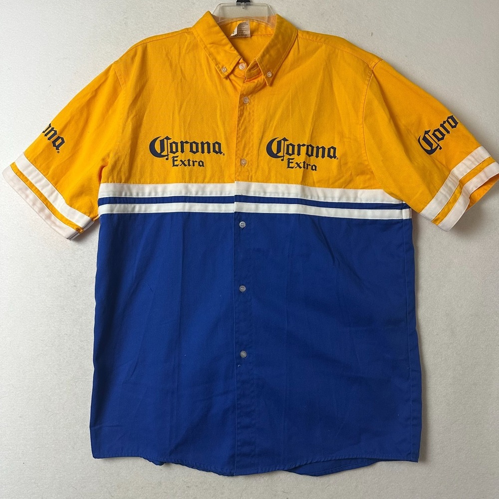 Corona Extra Shirt Mens 40 Large Yellow Blue Colorblock Button Down Embroidered